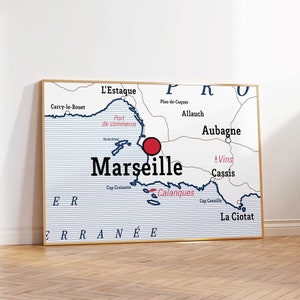 Affiche 30x40 cm - Carte scolaire vintage de Marseille - Idée déco pour amoureux de Marseille