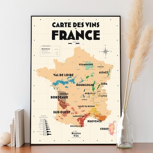 Carte des vignobles français - Affiche 30x40 cm ou 50x70 cm - Idée déco pour amoureux du vin et de la France