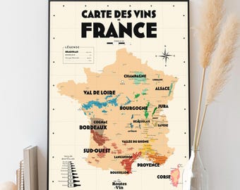 Carte des vignobles français - Affiche 30x40 cm ou 50x70 cm - Idée déco pour amoureux du vin et de la France