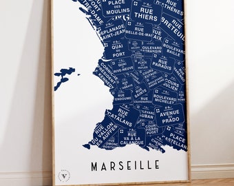 Carte des Rues de Marseille - Affiche 30x40 cm - Idée cadeau pour amoureux de Marseille