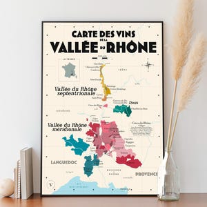 Carte des vins de la Vallée du Rhône - Affiche 30x40cm - Idée cadeau pour amateur de vin