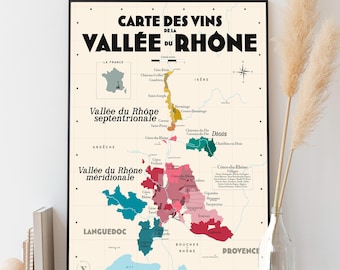 Carte des vins de la Vallée du Rhône - Affiche 30x40cm - Idée cadeau pour amateur de vin