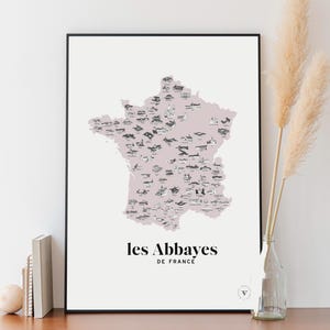 Carte des abbayes françaises - Affiche 30x40 cm - Idée cadeau pour amoureux du patrimoine français