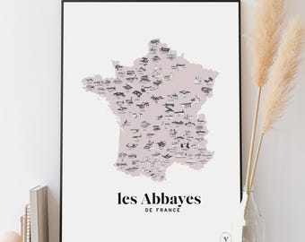 Map of French abbeys - Poster 30x40 cm - Gift idea for lovers of French heritage