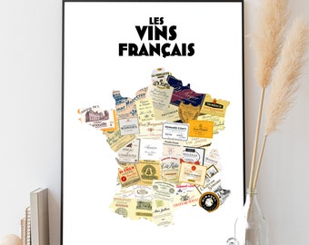 Carte de France des vins - Affiche 30x40 cm -  Idée cadeau pour amoureux du vin