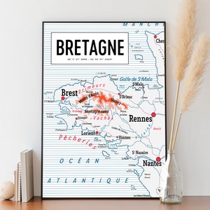 Carte vintage de la Bretagne - Affiche 30x40 cm - Idée cadeau pour amoureux de la Bretagne