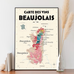 Carte des vins du Beaujolais - Affiche 30x40cm - Idée cadeau pour amoureux du vin
