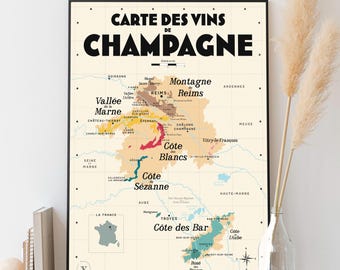 Carte des vins de Champagne - Affiche 30x40cm - Idée cadeau pour amoureux du vin