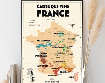 Carte des vignobles français - Affiche 30x40 cm ou 50x70 cm - Idée déco pour amoureux du vin et de la France