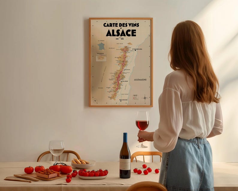 May include: A framed map of the Alsace wine region in France, with a glass of red wine and a bottle of wine on a table with red tomatoes and breadsticks.
