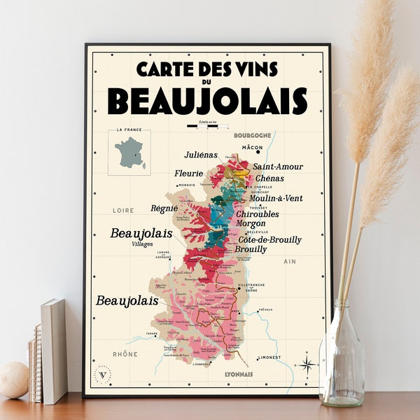 Carte des vins du Beaujolais - Affiche 30x40cm - Idée cadeau pour amoureux du vin