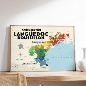 Carte des vins du Languedoc-Roussillon - Affiche 30x40 cm - Idée cadeau pour amoureux du vin