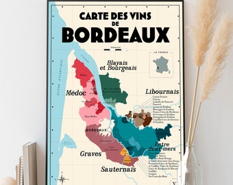 Carte des vins de Bordeaux - Affiche 30x40 cm - Idée déco pour amoureux du vin