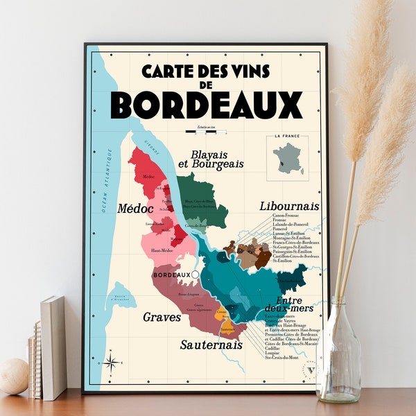 Carte des vins de Bordeaux - Affiche 30x40 cm - Idée déco pour amoureux du vin