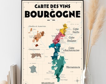 Carte des vins de Bourgogne - Affiche 30x40cm - Idée cadeau pour amoureux du vin