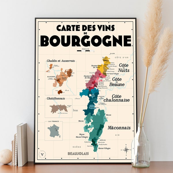 Carte des vins de Bourgogne - Affiche 30x40cm - Idée cadeau pour amoureux du vin