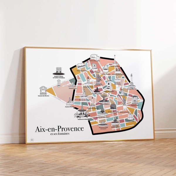 Affiche 30x40 cm - Carte des Fontaines d'Aix-en-Provence - Idée déco pour amoureux d'Aix