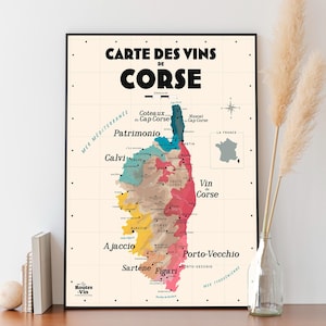Carte des vins de Corse - Affiche 30x40 cm - Idée cadeau pour amoureux du vin et de la Corse