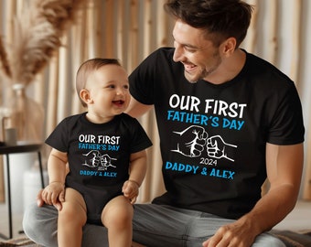 Notre première chemise et body assortis pour la fête des pères avec des noms personnalisés pour papa et bébé PNG, numérique