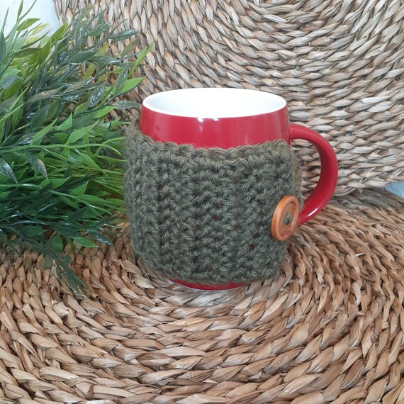 Herringbone Pattern Green Boho Crochet Mug Cozy
