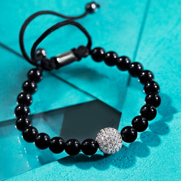 CZ Diamond White Charm Ball, Silver plated 18k White Gold Rhodium with Onyx Stone 6mm /Macrame Style/ Best Gift for her/ Women Bracelet