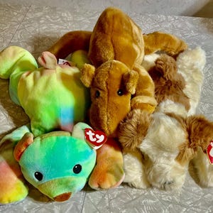 May include: A collection of plush stuffed animal toys in various colors. The toys include a brown dog, a tie-dye bear, and a brown and white dog. Each toy has a Ty heart-shaped tag.