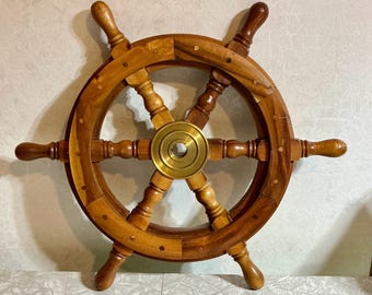 Vintage 18” Brass Finishing Wooden Steering Wheel Pirate Wall Boat Decor