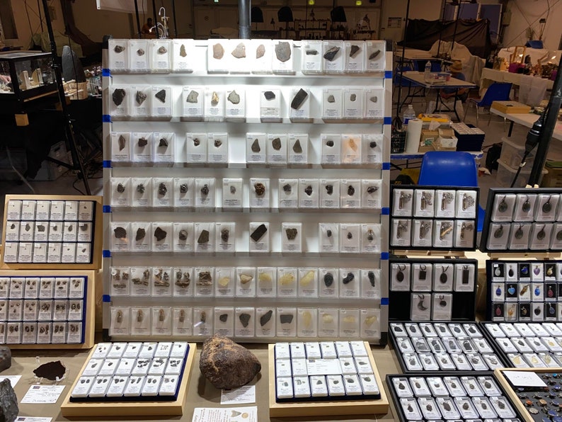 Puede incluir: Una vitrina con varios espec&iacute;menes de meteoritos en cajas de pl&aacute;stico transparente. Los meteoritos est&aacute;n dispuestos en filas sobre un fondo blanco. Algunos meteoritos son peque&ntilde;os y oscuros, mientras que otros son m&aacute;s grandes y tienen un aspecto m&aacute;s met&aacute;lico.