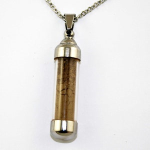 Puede incluir: Un collar de cadena de plata con un colgante de plata. El colgante es un tubo de vidrio transparente lleno de polvo marrón.