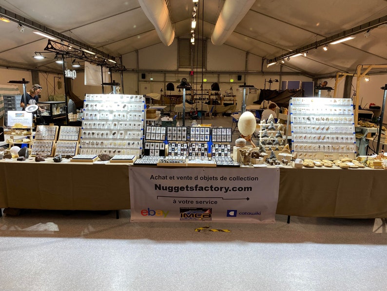 Puede incluir: Un puesto de venta de minerales y f&oacute;siles en una feria de minerales y f&oacute;siles. La mesa tiene un mantel marr&oacute;n y una pancarta que dice "Achat et vente d objets de collection Nuggetsfactory.com &agrave; votre service ebay IMEa catousiki".
