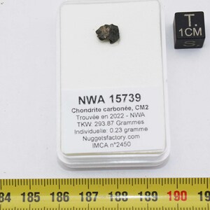 Pode incluir: Um pequeno meteorito cinza escuro etiquetado como "NWA 15739" com o texto "Chondrite carbonée, CM2" e "Trouvée en 2022 - NWA" e "TKW: 293.87 Grammes" e "Individuelle: 0.23 gramme" e "Nuggetsfactory.com" e "IMCA n°2450". O meteorito é exibido em uma caixa branca com um cubo preto etiquetado como "1CM" para escala.