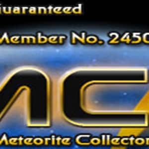 Puede incluir: Un logotipo negro y dorado para la International Meteorite Collectors Association (IMCA) con el texto "Authenticity Guaranteed" y "Member No. 2450" y la direcci&oacute;n del sitio web "www.imca.cc".