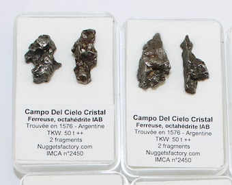 Lote de 2 meteoritos tipo cristal Campo del Cielo en caja (Argentina - aproximadamente 7/9 gramos)