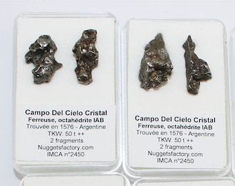 Lot von 2 Meteoriten vom Typ Campo del Cielo Crystal in einer Box (Argentinien – etwa 5/7 Gramm)