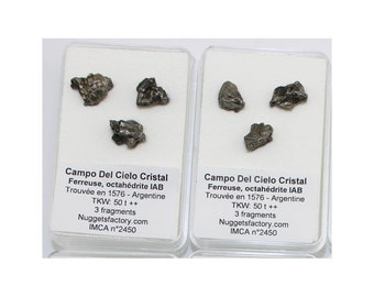 Lote de 3 meteoritos tipo Cristal Campo del Cielo en una caja (Argentina - alrededor de 3/4 gramos)