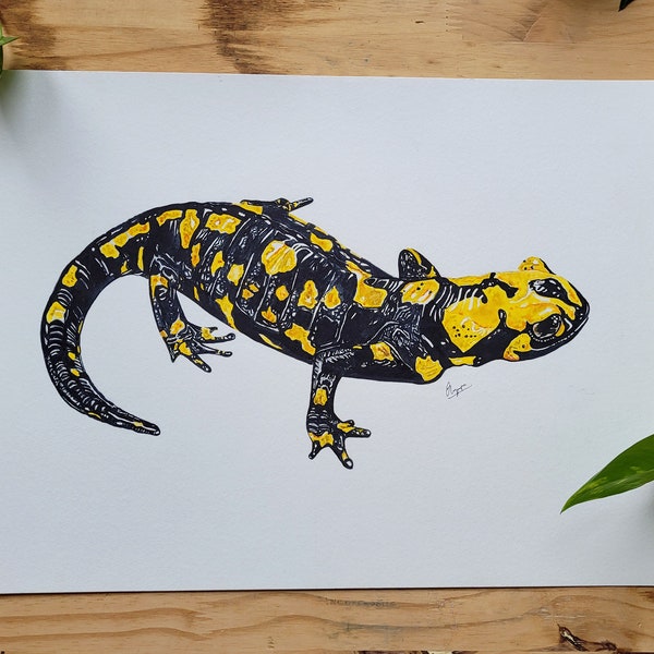 AQUARELLE Salamandre peinte à la main pour décoration d'intérieure originale et vintage