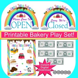 Può includere: Set di gioco da forno stampabile con due cartelli arcobaleno, uno che dice "Hasty Tasty Bakery Please Come In OPEN" e l'altro che dice "Hasty Tasty Bakery Sorry, We're Closed". Il set include anche un menu con articoli da forno e denaro di gioco.
