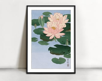 小原古邨による日本のアートプリント「睡蓮」、木版画、ジクレー、版画