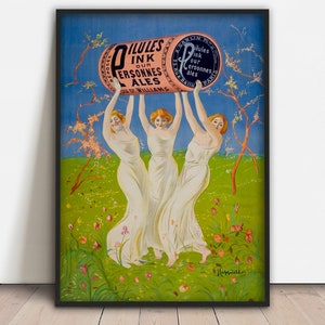 Puede incluir: Póster vintage que anuncia "Pilules Ink" para mujeres. Tres mujeres con vestidos blancos levantan una gran píldora rosa con el texto "Pilules Ink pour Personnes Ailes" en un campo de flores.