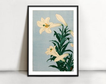 May include: A vintage Japanese woodblock print depicting white lilies with green leaves on a light blue background.