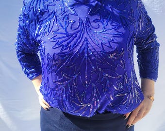 Vintage Royal Blau Seide Pailletten Perlen Abend Top – Größe L