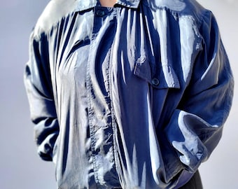 Chaqueta bomber de seda azul marino unisex, estilo años 90 - Talla M - Nueva con etiquetas