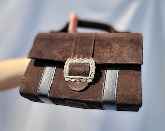 Vintage 1960s Suede Handbag: Mid Century Structured Purse