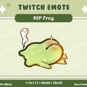 Op de afbeelding: Een groene kikker met een geest erboven, liggend op zijn rug met zijn poten in de lucht. De kikker heeft een rode blos op zijn rug en glinsteringen eromheen. De tekst "RIP Frog" staat boven de kikker. De tekst "112x112 / 56x56 / 28x28" staat onder de kikker.