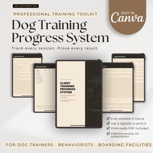 Moduli per i clienti dell'addestratore cinofilo, strumento di monitoraggio dei progressi dell'addestramento del cane, registro delle sessioni del cane, modello Canva modificabile, modulo di acquisizione clienti, scheda di valutazione del cane.