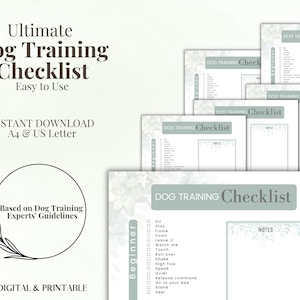Op de afbeelding: Een printbare checklist voor hondentraining met een groen-wit bloemenpatroon. De checklist bevat een lijst met veelvoorkomende hondentrainingcommando's, zoals zit, blijf, kom, neer, laat het, kijk naar me, aanraken, rol over, schud, high five, spreek, stil, commando loslaten, ga naar je bed, sta, en volg. De checklist bevat ook een notitiegedeelte.