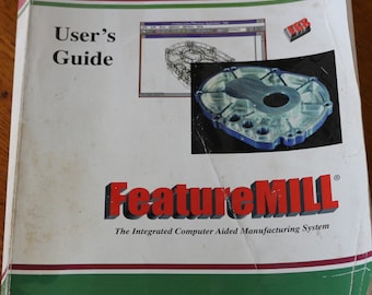 Puede incluir: Una guía del usuario para FeatureMILL, un sistema de fabricación asistida por ordenador. La portada es blanca con detalles en rojo, verde y granate. El título "FeatureMILL" está en rojo, e incluye diagramas e imágenes.