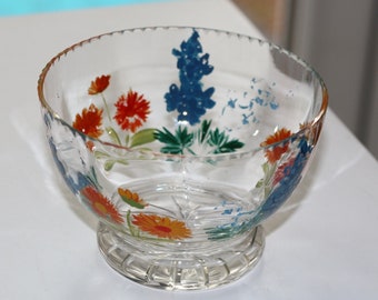 Vintage Antique Victorian Hand Painted Floral Glass Footed Bowl