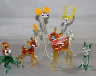 Vintage Small Miniature Lampwork Art Glass Animals Choose Bambi Deer Cat Octopus
