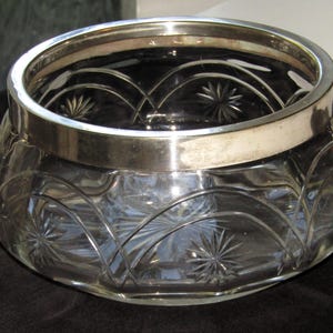 Vintage Antique Crystal Hand Cut Glass 8 inch salad serving fruit bowl Silver Plated EPNS Rim